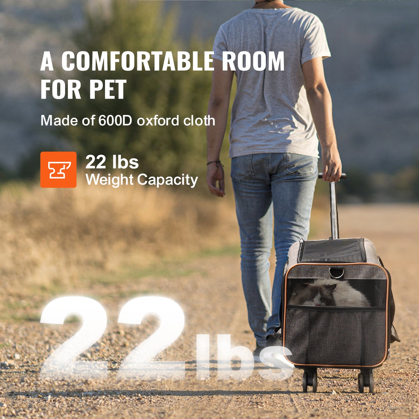 VEVOR Cat Carrier With Wheels, Airline Approved Rolling Pet Carrier With Telescopic Handle And Shoulder Strap, Dog Carrier With Wheels For Pets Under 22 Lbs, With 1 Folding Bowl, Grey,