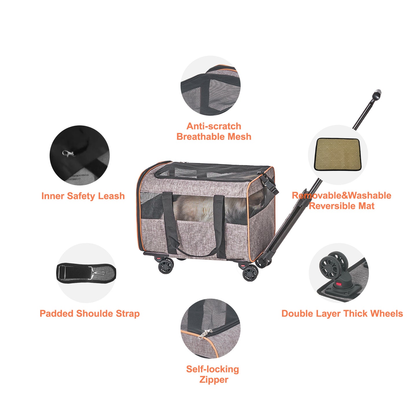 VEVOR Cat Carrier With Wheels, Airline Approved Rolling Pet Carrier With Telescopic Handle And Shoulder Strap, Dog Carrier With Wheels For Pets Under 22 Lbs, With 1 Folding Bowl, Grey,