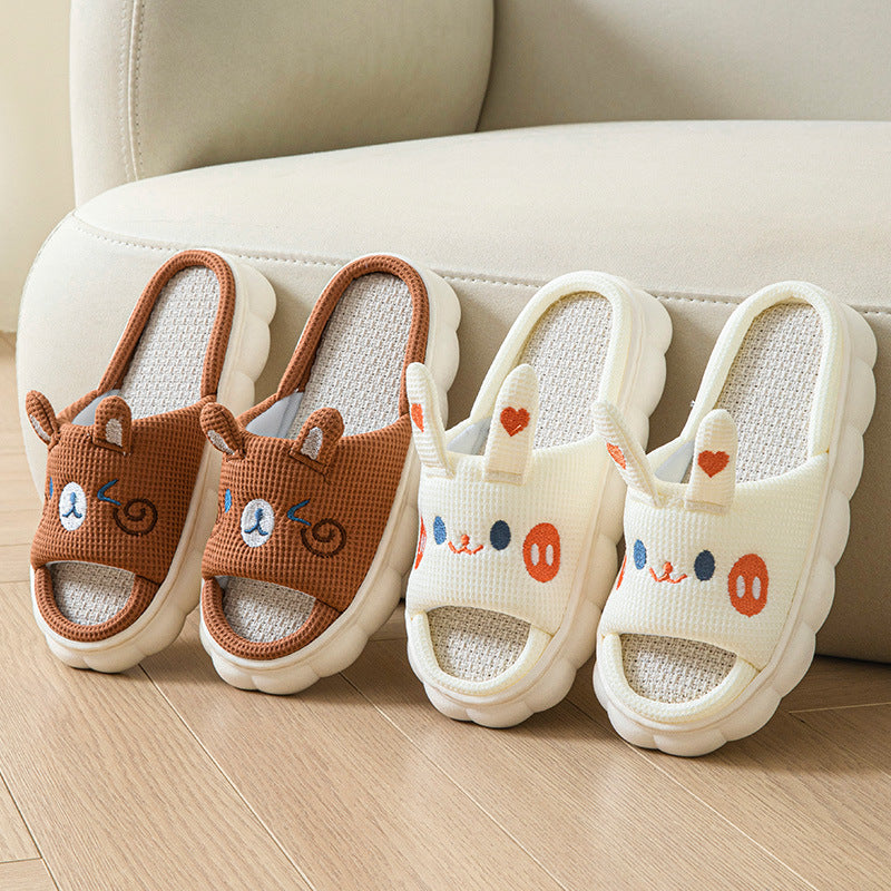 Cute Card Word Open Toe Men And Women Couples Rabbit Bear Four Seasons Sweet Four Seasons Linen Slippers Home Cotton Slippers