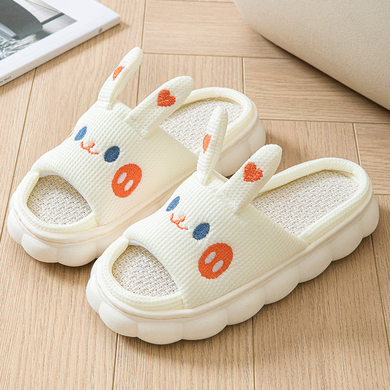 Cute Card Word Open Toe Men And Women Couples Rabbit Bear Four Seasons Sweet Four Seasons Linen Slippers Home Cotton Slippers