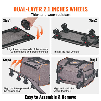 VEVOR Cat Carrier With Wheels, Airline Approved Rolling Pet Carrier With Telescopic Handle And Shoulder Strap, Dog Carrier With Wheels For Pets Under 22 Lbs, With 1 Folding Bowl, Grey,