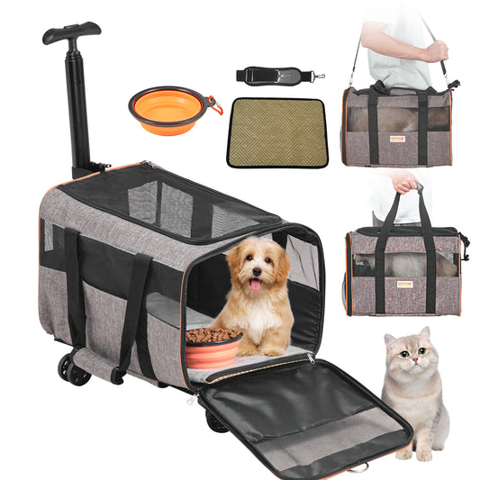 VEVOR Cat Carrier With Wheels, Airline Approved Rolling Pet Carrier With Telescopic Handle And Shoulder Strap, Dog Carrier With Wheels For Pets Under 22 Lbs, With 1 Folding Bowl, Grey,