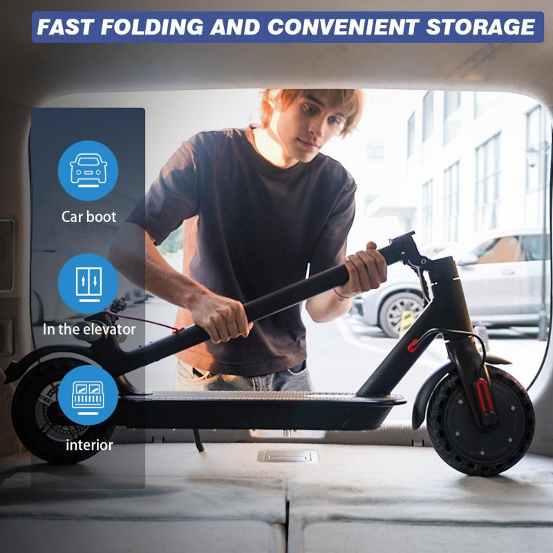 Person folding a scooter with text about fast folding and convenient storage.