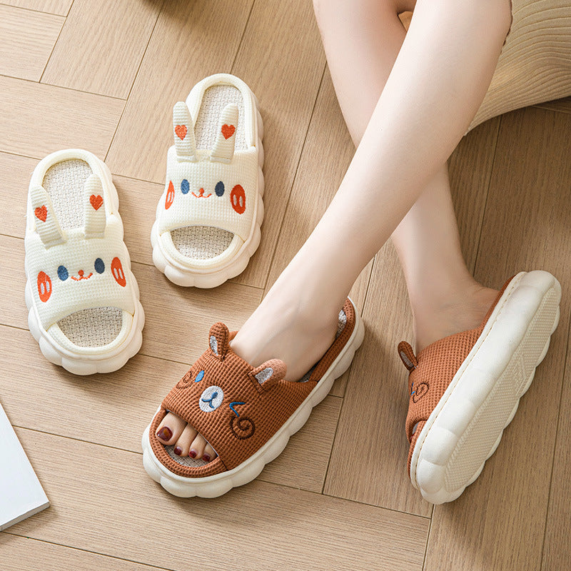 Cute Card Word Open Toe Men And Women Couples Rabbit Bear Four Seasons Sweet Four Seasons Linen Slippers Home Cotton Slippers