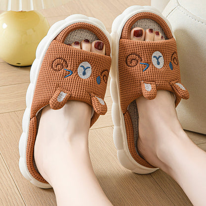 Cute Card Word Open Toe Men And Women Couples Rabbit Bear Four Seasons Sweet Four Seasons Linen Slippers Home Cotton Slippers