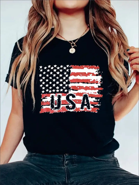 USA Flag Graphic Print Solid T-Shirt, Crew Neck Short Sleeve Casual Top For Summer & Spring, Women's Clothing,