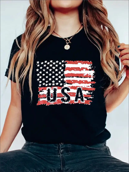 USA Flag Graphic Print Solid T-Shirt, Crew Neck Short Sleeve Casual Top For Summer & Spring, Women's Clothing,